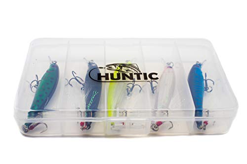 HUNTIC Minnow Wobbler Set 5 Stück Kunstköder mit Feder + Fischköderbox - 9cm, 8g - Angelköder schwebend… – Bild 3