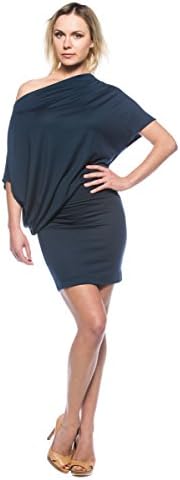 Women Navy Blue Asymmetric Off Shoulder Boat Neck Blouson Beach Boho Mini Dress (Medium)