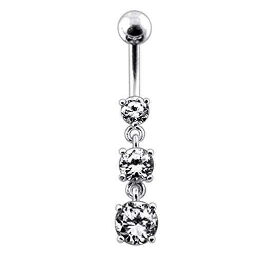 Clear Gem Triple Round Gems Dangling 925 Sterling Silver Belly-Navel Ring Body jewelry