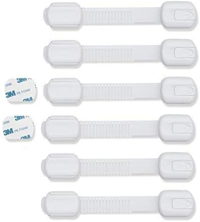 Adjustable & Reusable Child Safety Cabinet Locks & Latches, Baby Proofing Door Window, Cabinet, Toilet, & Refrigerator Lock, Child Safety Strap Locks with Adhesive Pads, Pack of 6, White - Wonderkid
