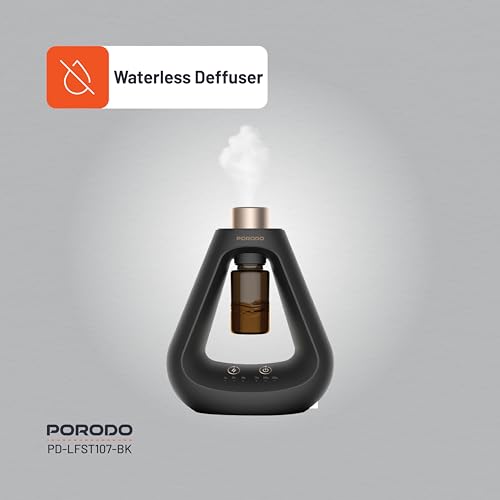 Porodo Essential Oil Diffuser, Mini Scent Air Machine, Waterless Diffuser with Timing & 3 Mist Levels, Aroma Diffuser for Home Scent Aromatherapy Diffuser, Room, Car, Office (Black)