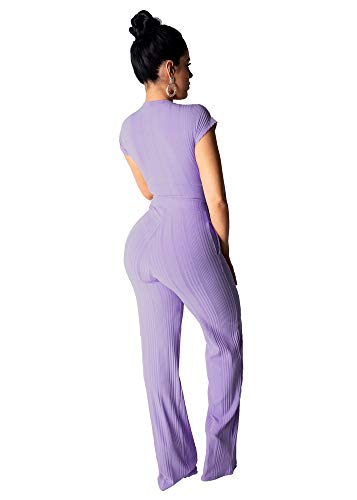 Women Solid O-Neck Short Sleeve Crop Tops High Waist Flare Long Pants Jumpers 2 Piece Outfits