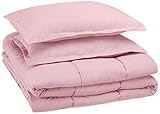 AmazonBasics Easy-Wash Microfiber Kid's Comforter and Pillow Sham Set - Full or Queen, Light Pink