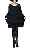 ELLAZHU Women Long Sleeve Solid Crew Neck Side Pockets Shirtdress GA05 Black