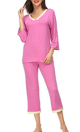 Invug Women 3/4 Long Sleeve Shirt Pants Set Sleepwear V Neck Long Pajamas Loungewear ROSEO S