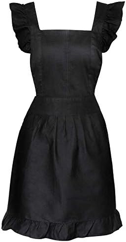 Retro Lady's Aprons Frilly Bib Apron Premium Maid Costume with Ruffle Outline and Retro Straps for Women's Cake Kitchen Fashion Cook Apron Chic with 2 Pockets for Gift Chic 100% Cotton (Black)