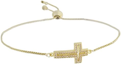 Fashion Metal Women's Snake Chain Cross Charm Bracelets with Rhinestones 2 Danglers Ends Ball Clasp Adjustable Length Gold