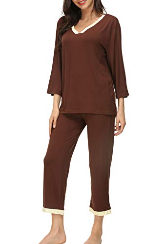Invug Women 3/4 Long Sleeve Shirt Pants Set Sleepwear V Neck Long Pajamas Loungewear Coffee S - Thumbnail 6