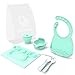Baby Feeding Set,Including Bowl with Suction, Dish, Bendable Fork and Spoon, Adjustable Baby bib, and Snack Cups. Harmless, Silicone, Easy to Clean Again, Perfect Infant Baby Shower Gift - Green