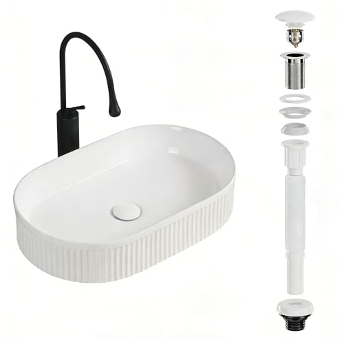 Lavabo Ovalado de Cerámica para Baño, 50 x 32 cm, Blanco, con Desagüe | Cerámica Blanca, Montaje Sobre Encimera, Desagüe Automático, Manguera de Desagüe Incluida para Baño para Baños Hoteles