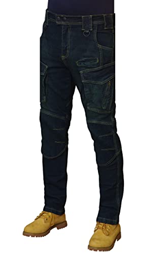 PRIME Mens Blue Regular Cargo Combat Multi Pocket Army Working Trousers with Cordura Knee Protection and Zip Colosure, Long Length, Straight, Solid, Mid Rise, Flat Front (BLACK-007, 28W X 30L)