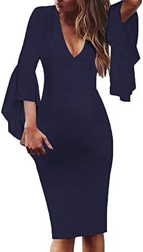 GIFC Clearance Womens Sexy Pure Color V-Neck Bell Sleeves Ladies Party Cocktail Work Sheath Office Dress