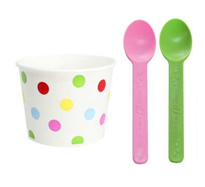 [ Momoka's Apron ] 48 ct Treat (Hot / Cold Ice Cream) Paper Cups with Pink & Green Spoons Set - Polka Dot (12 oz)