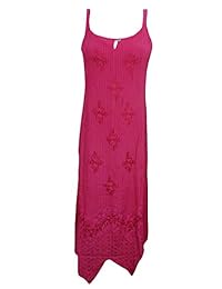 Mogul Women's Strap Dress Embroidered Tie Back Boho Long Pink Maxi Dresses S