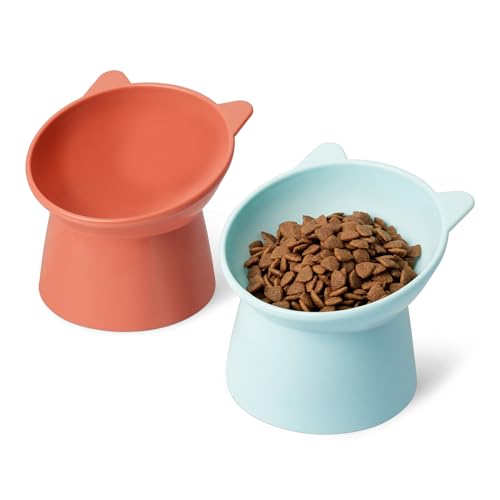 Comederos elevados para Gatos, con Forma de Oreja de Gato, Paquete de 2, 13,2 × 13,2 × 11,4 cm, Naranja y Azul