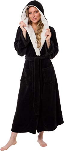 Silver Lilly Full Length Hooded Long Robe - Women's Luxury Plush Bathrobe w/Sherpa Trim Collar (Black, Small/Medium)