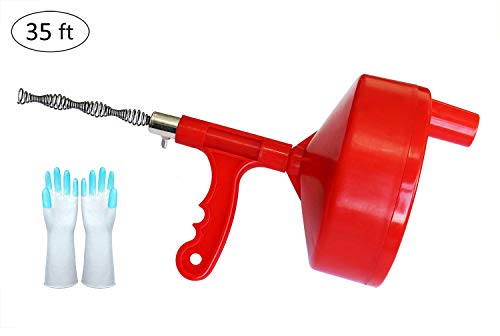 Drain Snake 35-FT, Drum Auger Plumbing Snake, Drain Auger Clog Remover Plumbing Pipe Unblocker Cleaner, Sewer/Bathtub Drain/Kitchen Sink Cleaner with Gloves By KINGLEV
