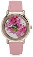 Friends Gift Beautiful Cherry Blossom and Hummingbird Women's Rose Gold Leather Strap Watch