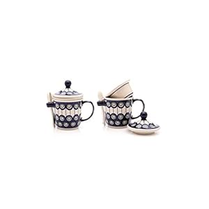 Boleslawiec Pottery Teecup with lid, tea strainer and spoon, Original Bunzlauer Keramik, Decor 8