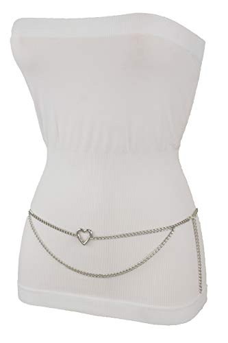 TFJ Women Fashion Skinny Belt Hip High Waist Silver Metal Chain Love Heart Charm Buckle M L XL