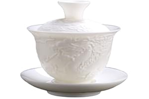 HonHeam Relief Dragon White Porcelain Gaiwan, Chinese Embossed Dragon Style White Ceamic Gaiwan, Kung Fu Tea Bowl Traditional