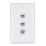 2 Ethernet and 1 Coax Wall Plate - Coax Cat6 Ethernet Wall Plate Female to Female with 2 Ethernet Port + 1 Coax F-Type Connector