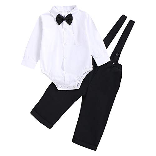 Baby Boys Gentleman Outfit Set, Infant Plain Shirt+Bowtie +Suspenders Pants for Toddler Casual Formal Wedding Birthday Party (White Long Sleeve Plain Black Pants, 6-9 Months)