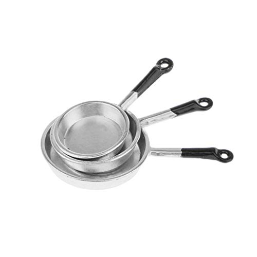 1/12 Scale 3pcs Dollhouse Miniature Metal Frying Pans Cooking Pot Cookware Kitchen Accessory Not Sticky Saucepan Pancake Po,Black