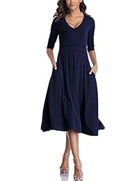 Chunna - Vestido de media manga con cuello en V y cintura alta para mujer con bolsillos