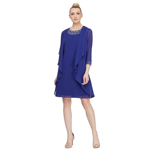 S.L. Fashions Women's Chiffon Tier Jacket Dress with Bead Neck, Iris, 10