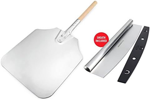 Metal Pizza Peel Paddle + Pizza Rocker Cutter Knife | Aluminum Food Peel Spatula w/Long Wood Handle for Baking Pizza | Commercial Stainless Steel Large Rocking Cutter Slicer Chopper | Best Oven Tools