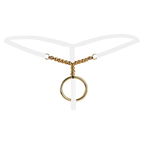 FEESHOW Men's C Strap G String Thongs Underwear with Mental O Rings (White Gold)