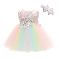 Weileenice Baby Girls Costume Cosplay Dress Rainbow Tulle 3D Embroidery Beading Princess Tutu Dresses (3 Months, Peach/Rainbow(with Headband))