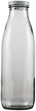 PrestoWare GBM27, 0.82L / 27.7-ounce Clear Glass Milk Bottle with Lid, Vintage Style Bottle for Home Brewing, Milk Juice Water Oil Vinegar Glass Bottle with Metal Cover (12-Pack)