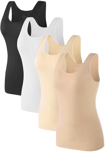 Komfokore 4Pcs Tank Tops Für Damen Ärmelloses Unterhemd Schichtung Tanks Schwarz/Weiß/Dunkelhäutig/Hellhäutig S