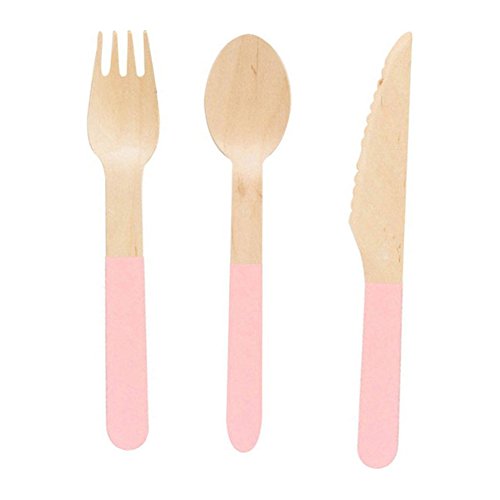 OSOPOLA Wooden Forks Spoon Curtly Set 24pcs Disposable Kids Party Flatware Colorful Eco-Friendly Home Dï¿½ï¿½cor Kitchen Utensil for Wedding Birthday Pink