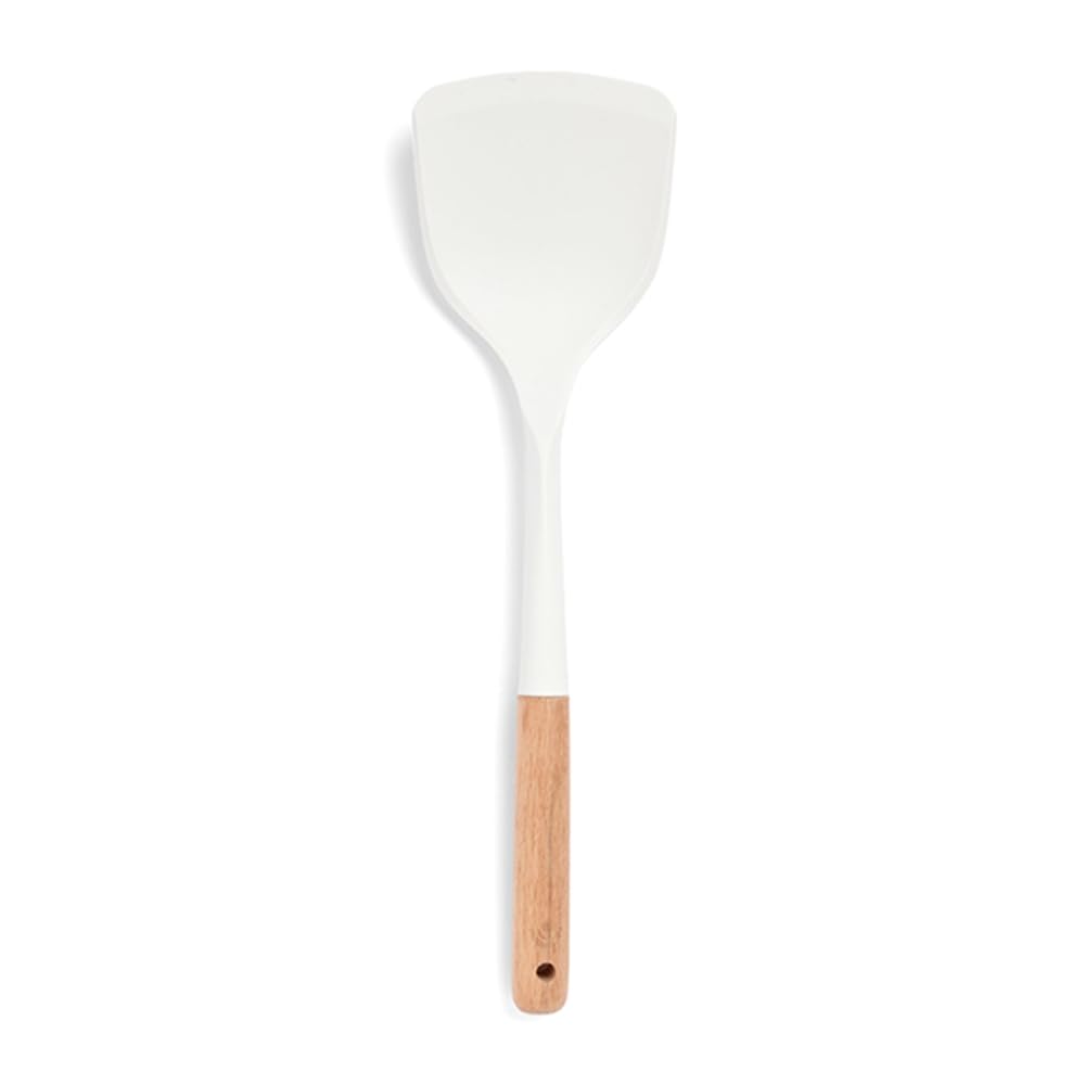 Yum Asia Premium Flat Turner Spatula with Beech Wood Handle and Premium Silicone (Ice White)