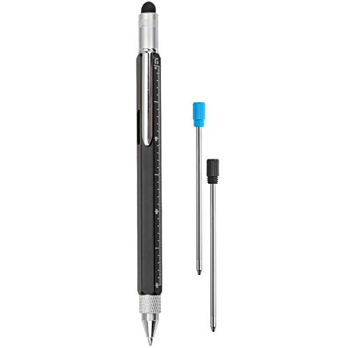 Falytemow 6 in 1 Multi Tool Tech Pen Multifunction as 0.7mm Black Ballpoint Pen Touchscreen Stylus Ruler Level Flathead and Phillips Screwdriver Cool Pen for Christmas or Valentine Gift (1pcs Black)
