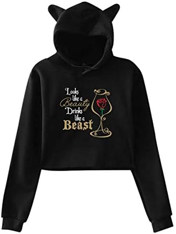 Looks Like A Beauty Drinks Llike Beast Printed Girls Hipster Cat Ear Hoodie Sweater Fashion Black Sweatshirt Hoodies