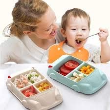 Strolite Fiber Baby Plate Divided Childrens Tableware Separated Children Eating Bowl Cartoon Car Home Shatter-Resistant Suit (Color : A)