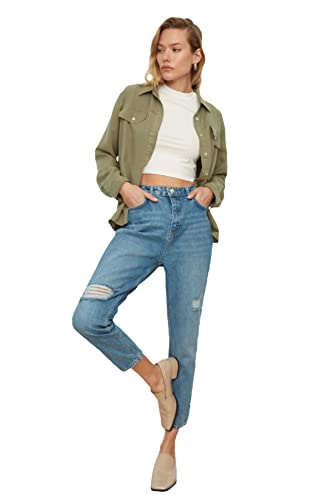 Trendyol Dark Blue Torn Detailed High Waist mom Jeans, Jeans aux Femmes, Dark Blue, 42