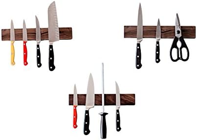 Set of 3 Walnut Wood 12 inch Magnetic Kitchen Knife Storage Racks