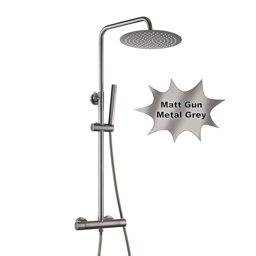 Görbach Edelstahl Duschset Regendusche Duschsystem mit Thermostat Mischbatterie, Verstellbarer Duschstange, Kopfbrause 25 cm Gunmetal Grau