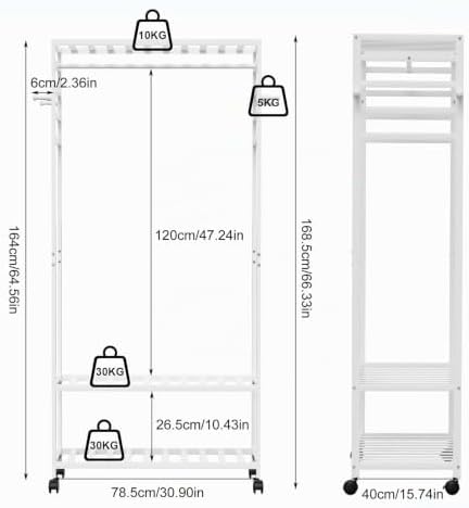 Perchero Ropa Madera con Ruedas, 3 Estantes, 4 Ganchos, Blanco