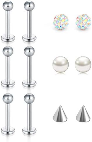 Zolure 16G Stainless Steel Labret Monroe Lip Ring Tragus Helix Cartilage Earring Stud Barbell with Crystal Pearl Arrow Balls