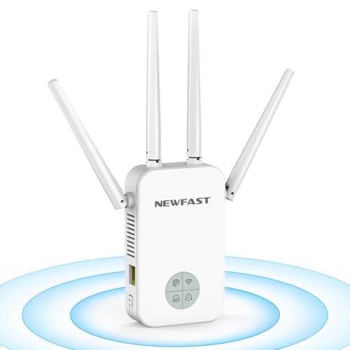 NEWFAST WLAN Amplifier, 1200 Mbit/s Dual Band WiFi Repeater with WPS,4 x Swivelling Antenna, Ethernet Port, WiFi Internet Amplifier Compatible with All WLAN Devices, Wireless Repeater for Stable Range