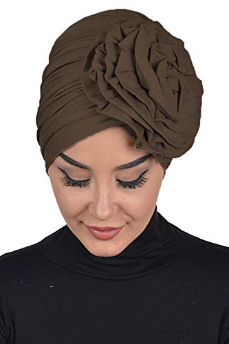 Instant Turban Cotton Scarf Head Wrap Cancer Chemo Headwear Rose Detail Brown