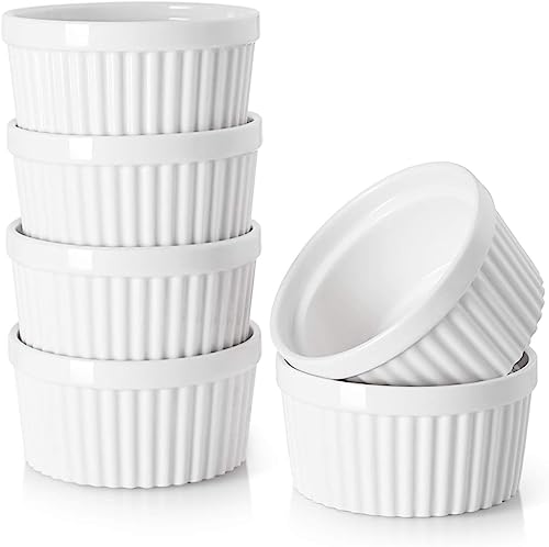 DOWAN Ramekins Set of 6, 6 oz Porcelain Soufflé Dishes for Creme Brulee & Muffin & Pudding, Baking Dishes for Air Fryer & Oven, Mini Bowl for Dips, Sauces, Snacks and Fruits, 3.5 x 1.75in-White