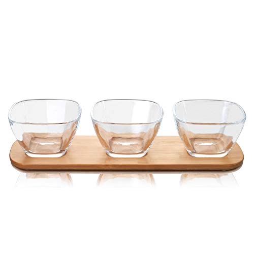 Dipping Bowls & Candy Dish Set - 3 Clear Glass Bowls On Bamboo Tray 6-oz Each | Appetizer Serving Tray Perfect For Dessert, Condiments, Nuts, Dips, And Snacks