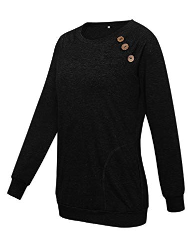 Womens Button Long Sleeve Tops Casual Blouses T-Shirt Round Neck Pockets Top Black L - Thumbnail 5